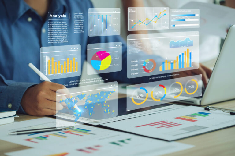 Two analyst works on a laptop showing data business analysis and Data Management System with KPI and metrics connected to the database for technology finance operations Data Analytics Statistics.